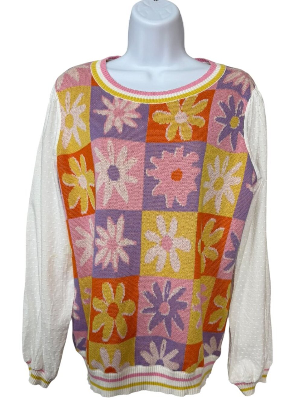 Fate Floral Patchwork Checkered Daisy Sweater Swiss Dot Mixed Media Knit Top S